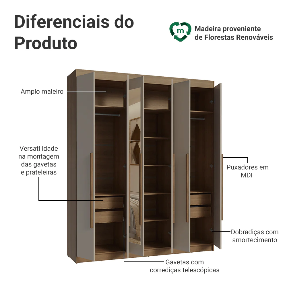 Guarda-Roupa Casal 6 Portas Batentes com Espelho Rustic/Crema/Rustic Venus Madesa - Image 4