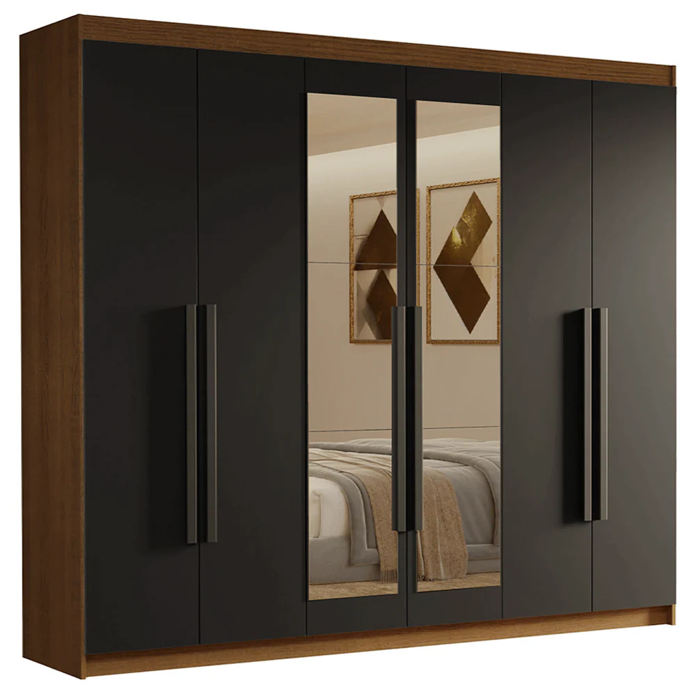 Guarda-Roupa Casal 6 Portas Batentes com Espelho Rustic/Preto/Preto Venus Madesa - Image 2