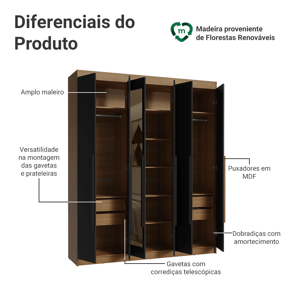 Guarda-Roupa Casal 6 Portas Batentes com Espelho Rustic/Preto/Preto Venus Madesa - Image 4