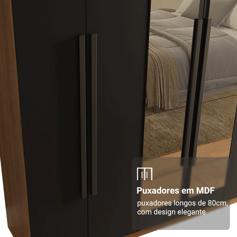Guarda-Roupa Casal 6 Portas Batentes com Espelho Rustic/Preto/Preto Venus Madesa - Image 6