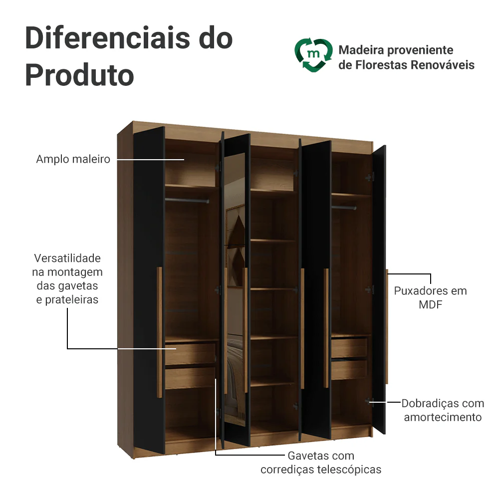 Guarda-Roupa Casal 6 Portas Batentes com Espelho Rustic/Preto/Rustic Venus Madesa - Image 4