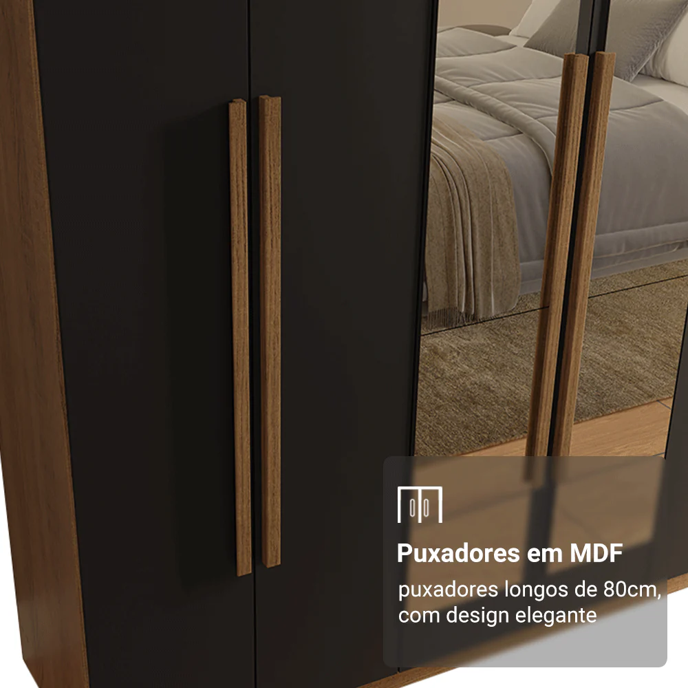 Guarda-Roupa Casal 6 Portas Batentes com Espelho Rustic/Preto/Rustic Venus Madesa - Image 6