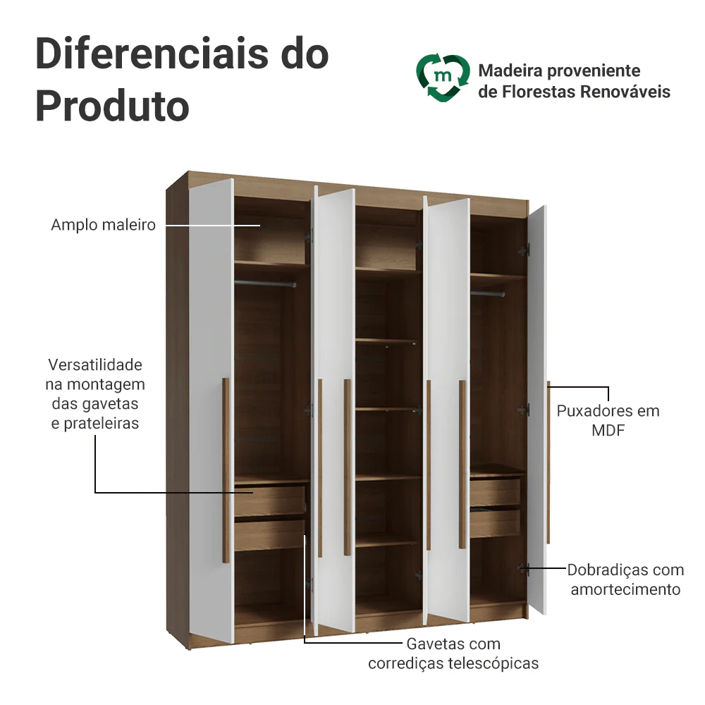 Guarda-Roupa Casal 6 Portas Batentes Rustic/Branco/Rustic Venus Madesa - Image 3