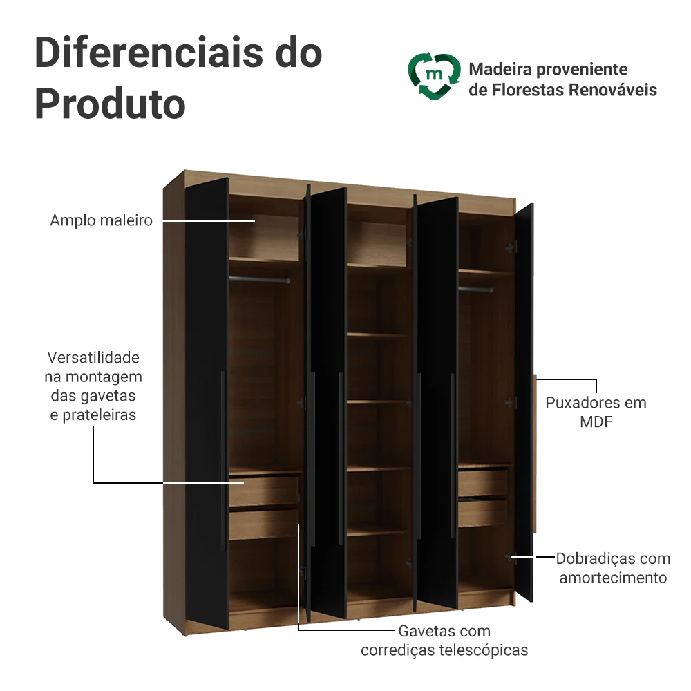 Guarda-Roupa Casal 6 Portas Batentes Rustic/Preto/Preto Venus Madesa - Image 4