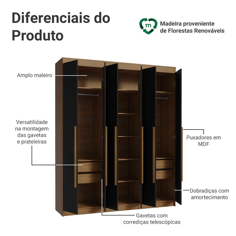 Guarda-Roupa Casal 6 Portas Batentes Rustic/Preto/Rustic Venus Madesa - Image 4