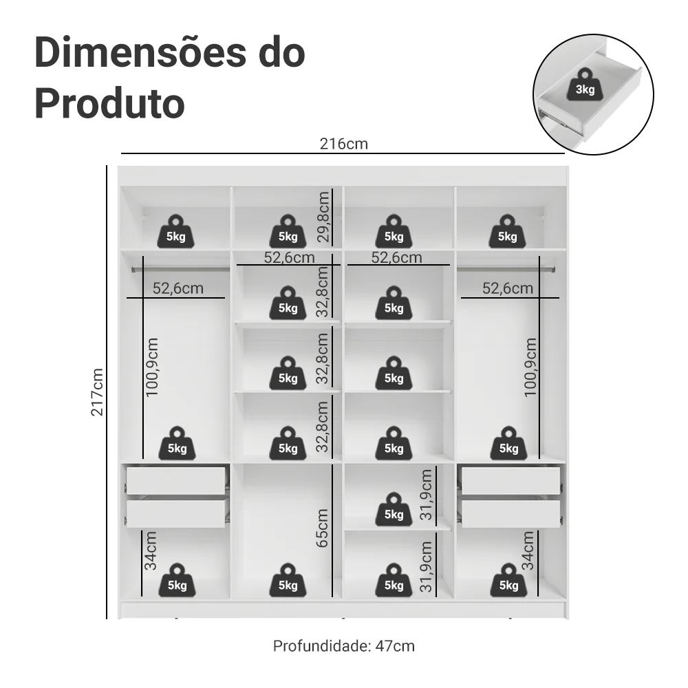 Guarda-Roupa Casal 8 Portas Batentes Branco/Branco/Preto Venus Madesa - Image 3