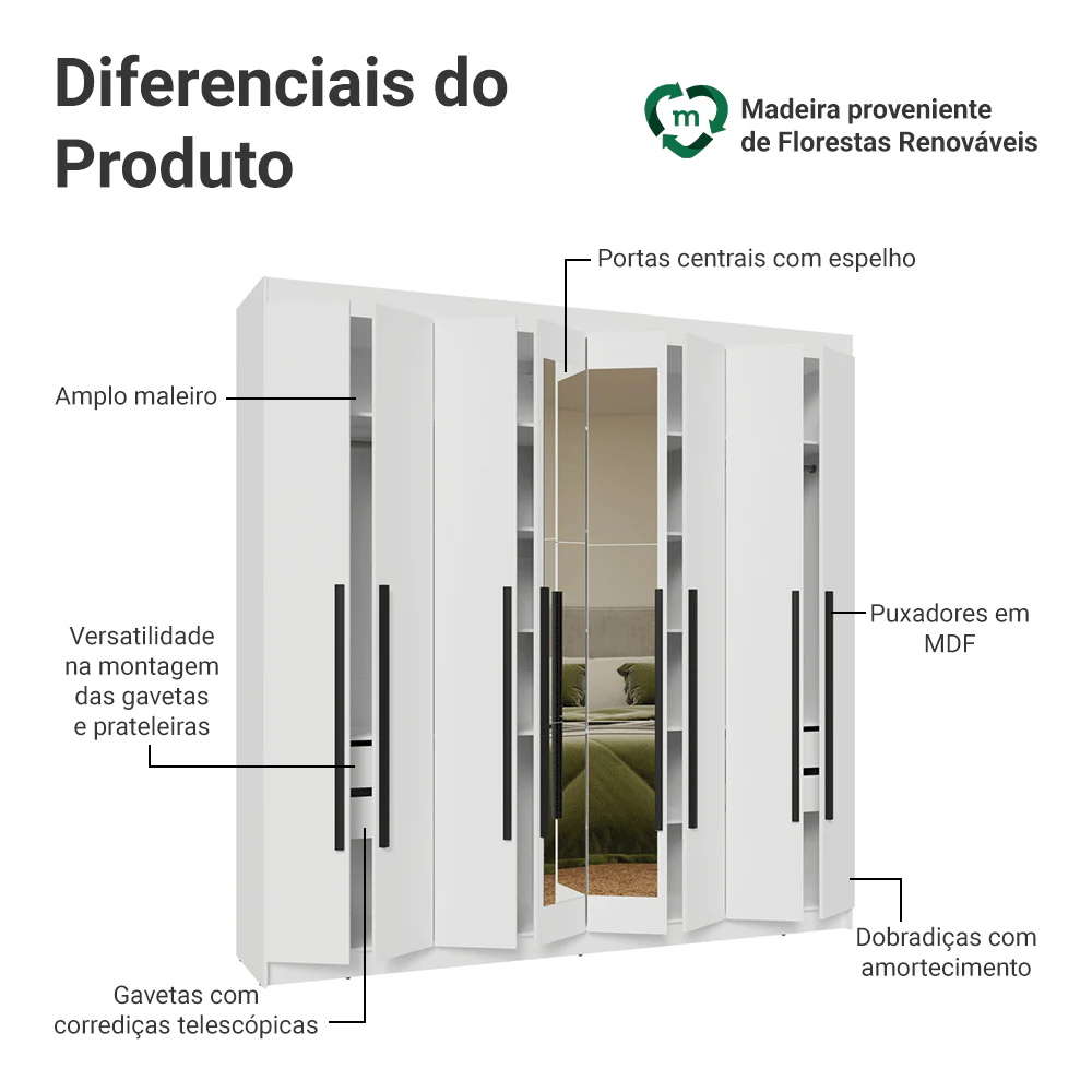 Guarda-Roupa Casal 8 Portas Batentes com Espelho Branco/Branco/Preto Venus Madesa - Image 4