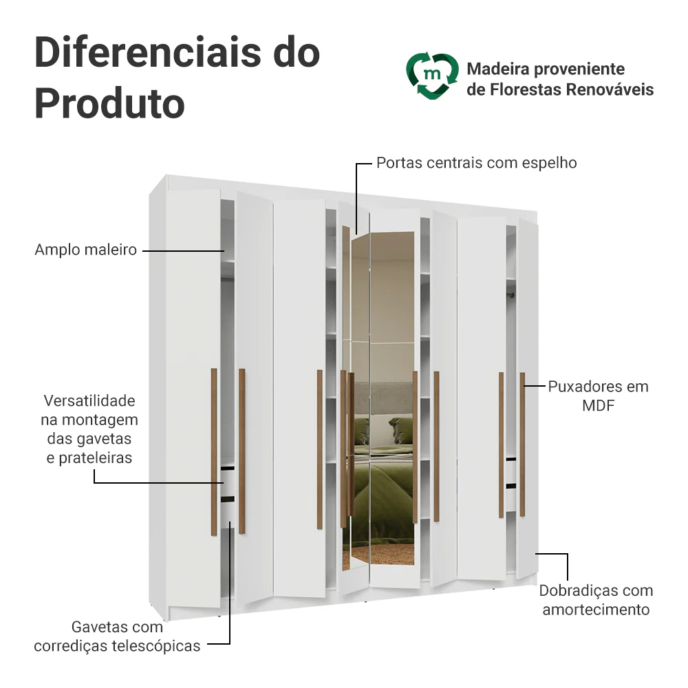Guarda-Roupa Casal 8 Portas Batentes com Espelho Branco/Branco/Rustic Venus Madesa - Image 4