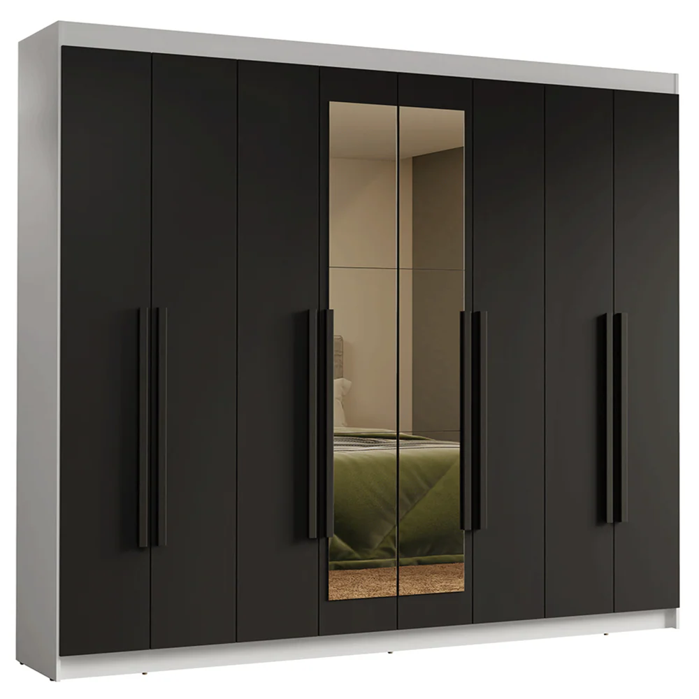 Guarda-Roupa Casal 8 Portas Batentes com Espelho Branco/Preto/Preto Venus Madesa - Image 2