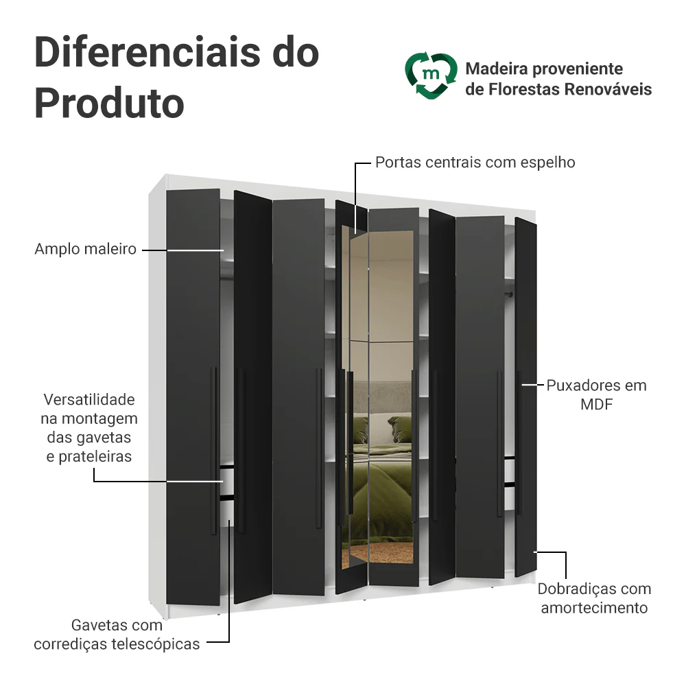 Guarda-Roupa Casal 8 Portas Batentes com Espelho Branco/Preto/Preto Venus Madesa - Image 4