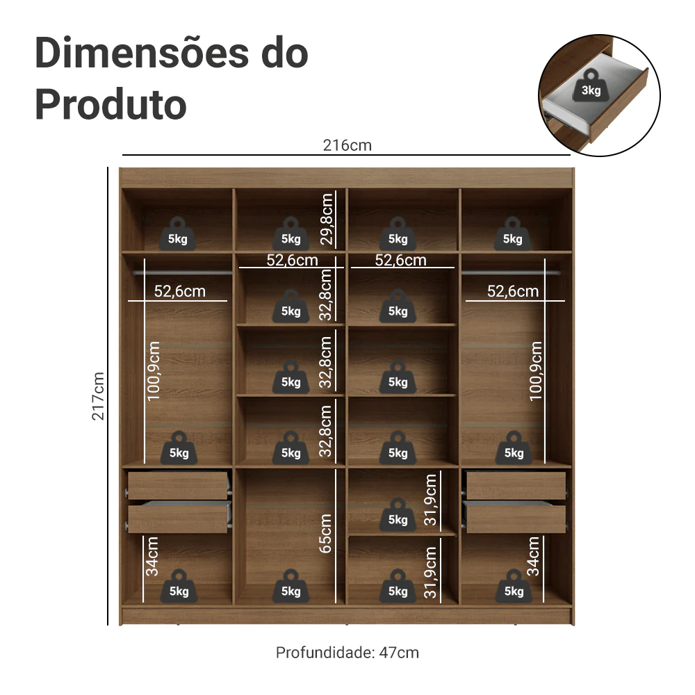 Guarda-Roupa Casal 8 Portas Batentes com Espelho Rustic/Branco/Rustic Venus Madesa - Image 3