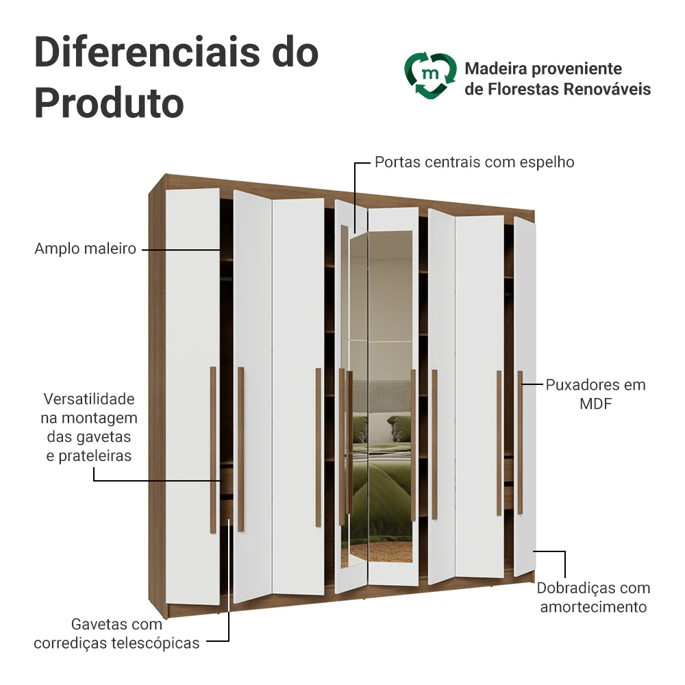 Guarda-Roupa Casal 8 Portas Batentes com Espelho Rustic/Branco/Rustic Venus Madesa - Image 4