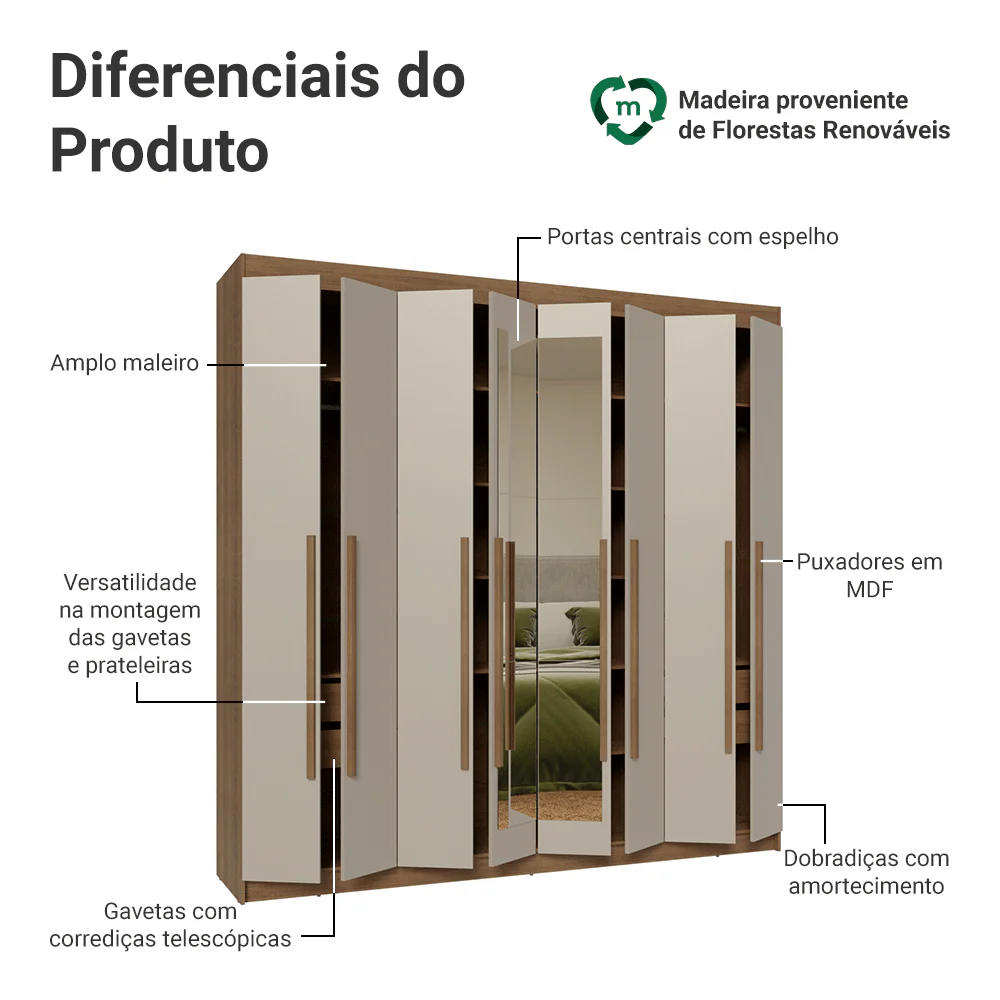 Guarda-Roupa Casal 8 Portas Batentes com Espelho Rustic/Crema/Rustic Venus Madesa - Image 4