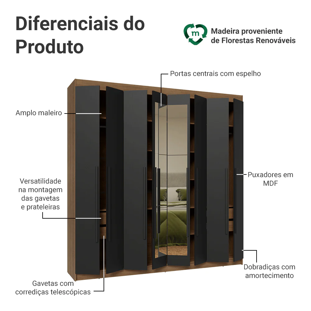 Guarda-Roupa Casal 8 Portas Batentes com Espelho Rustic/Preto/Preto Venus Madesa - Image 8