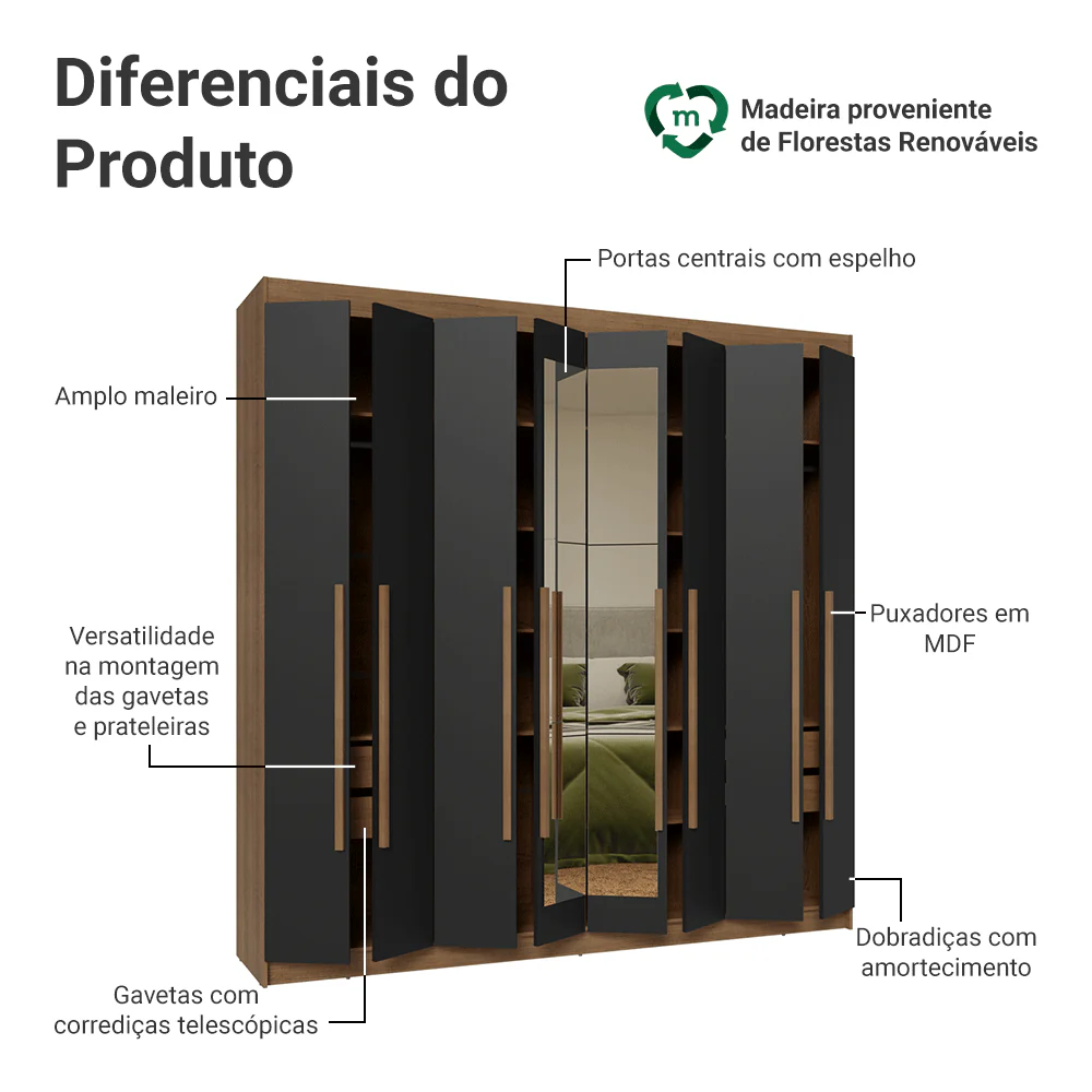 Guarda-Roupa Casal 8 Portas Batentes com Espelho Rustic/Preto/Rustic Venus Madesa - Image 4
