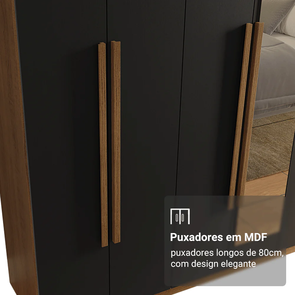 Guarda-Roupa Casal 8 Portas Batentes com Espelho Rustic/Preto/Rustic Venus Madesa - Image 6