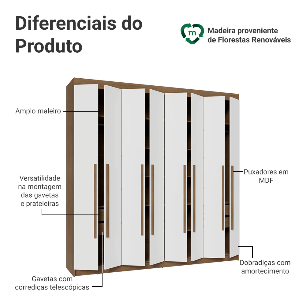 Guarda-Roupa Casal 8 Portas Batentes Rustic/Branco/Rustic Venus Madesa - Image 4