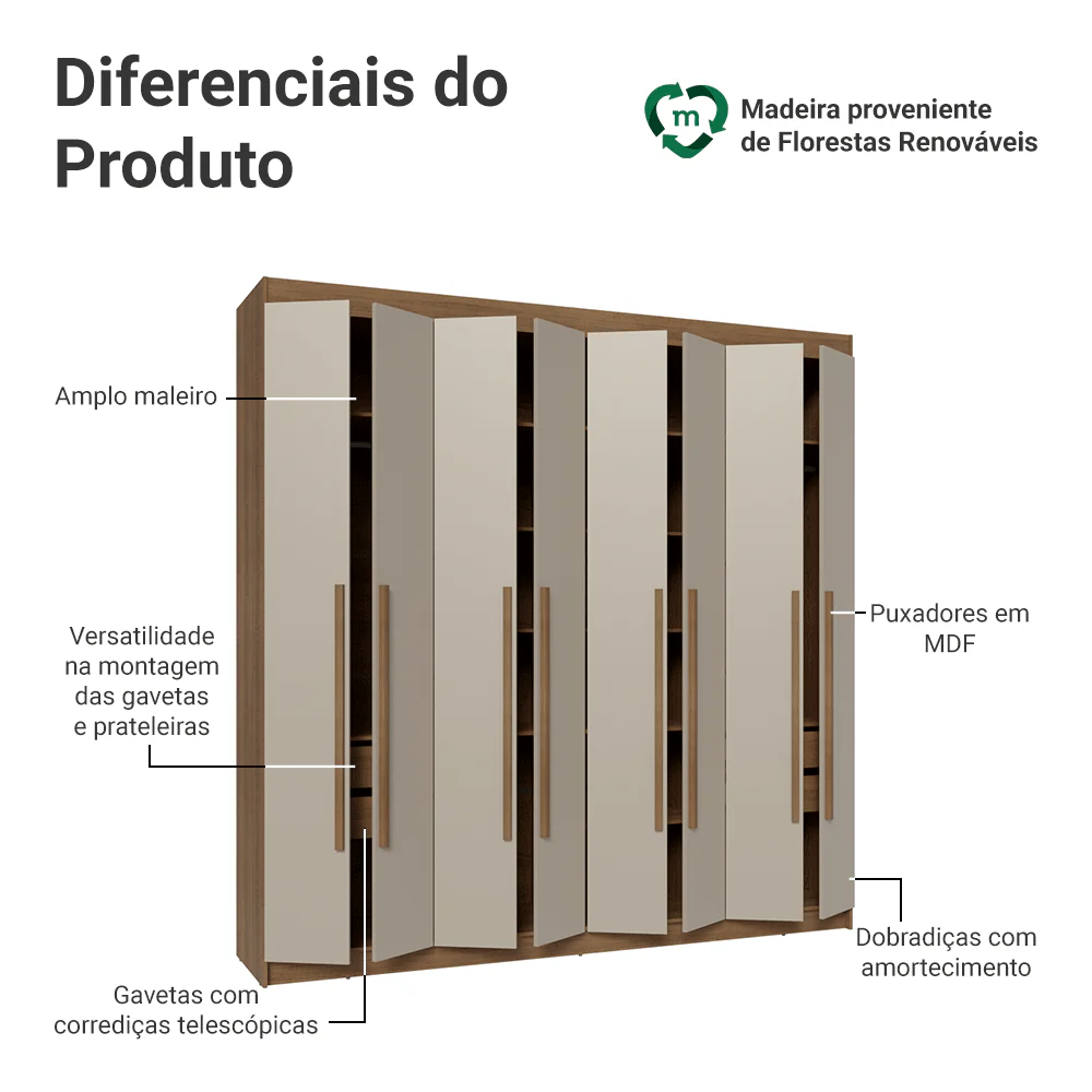 Guarda-Roupa Casal 8 Portas Batentes Rustic/Crema/Rustic Venus Madesa - Image 4