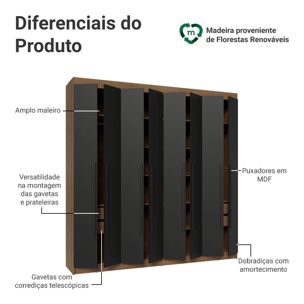 Guarda-Roupa Casal 8 Portas Batentes Rustic/Preto/Preto Venus Madesa - Image 8
