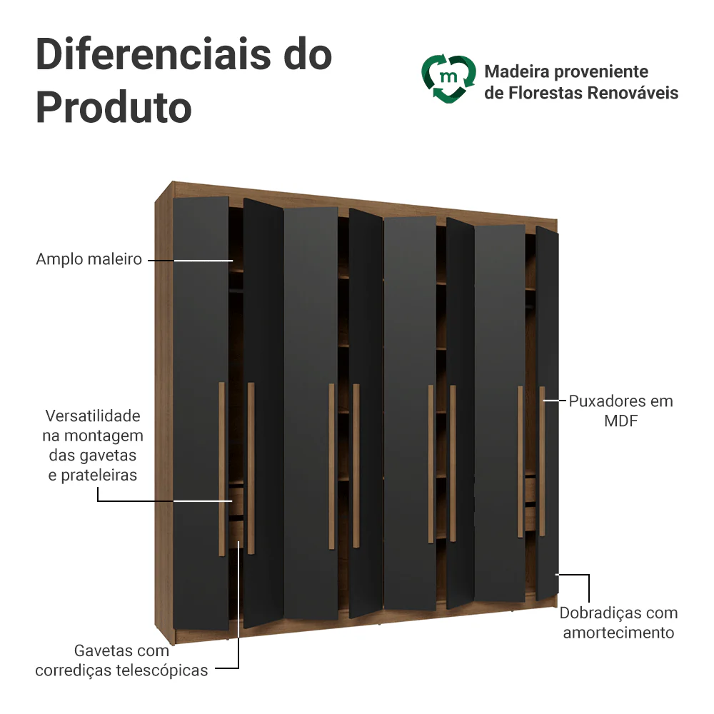 Guarda-Roupa Casal 8 Portas Batentes Rustic/Preto/Rustic Venus Madesa - Image 4