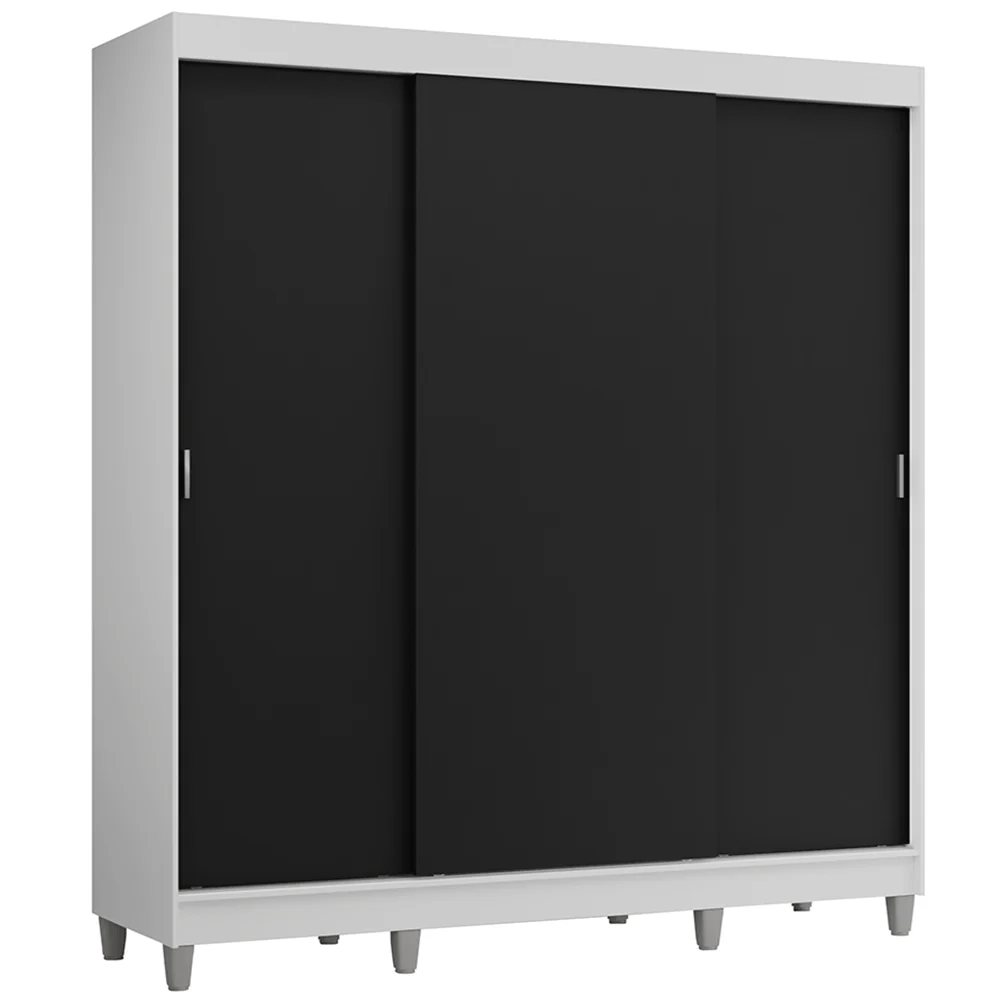 Guarda-Roupa Casal com Pés 3 Portas de Correr Branco/Preto Reno Madesa - Image 2