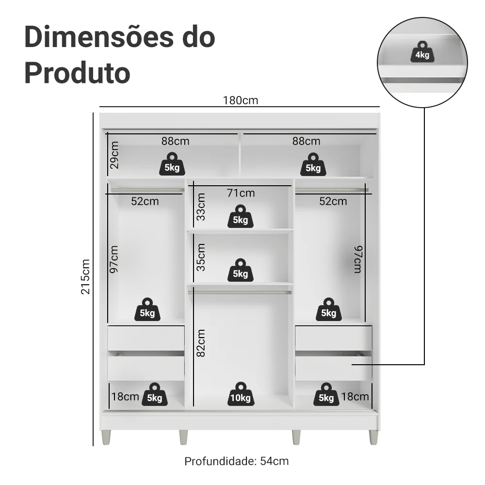 Guarda-Roupa Casal com Pés 3 Portas de Correr Branco Reno Madesa - Image 3