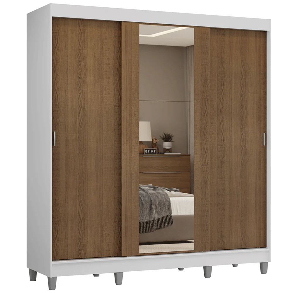 Guarda-Roupa Casal com Pés 3 Portas de Correr com Espelho Branco/Rustic Reno Madesa - Image 2