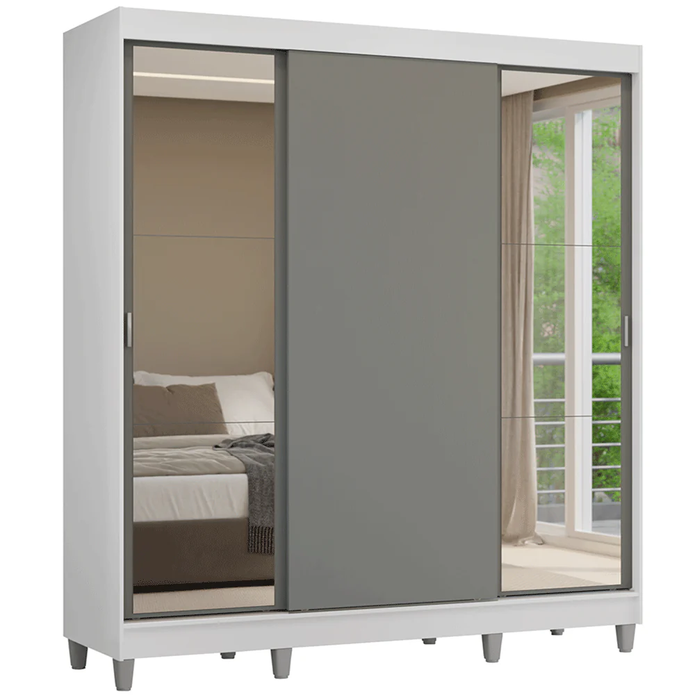 Guarda-Roupa Casal com Pés 3 Portas de Correr com Espelhos Branco/Cinza Reno Madesa - Image 2