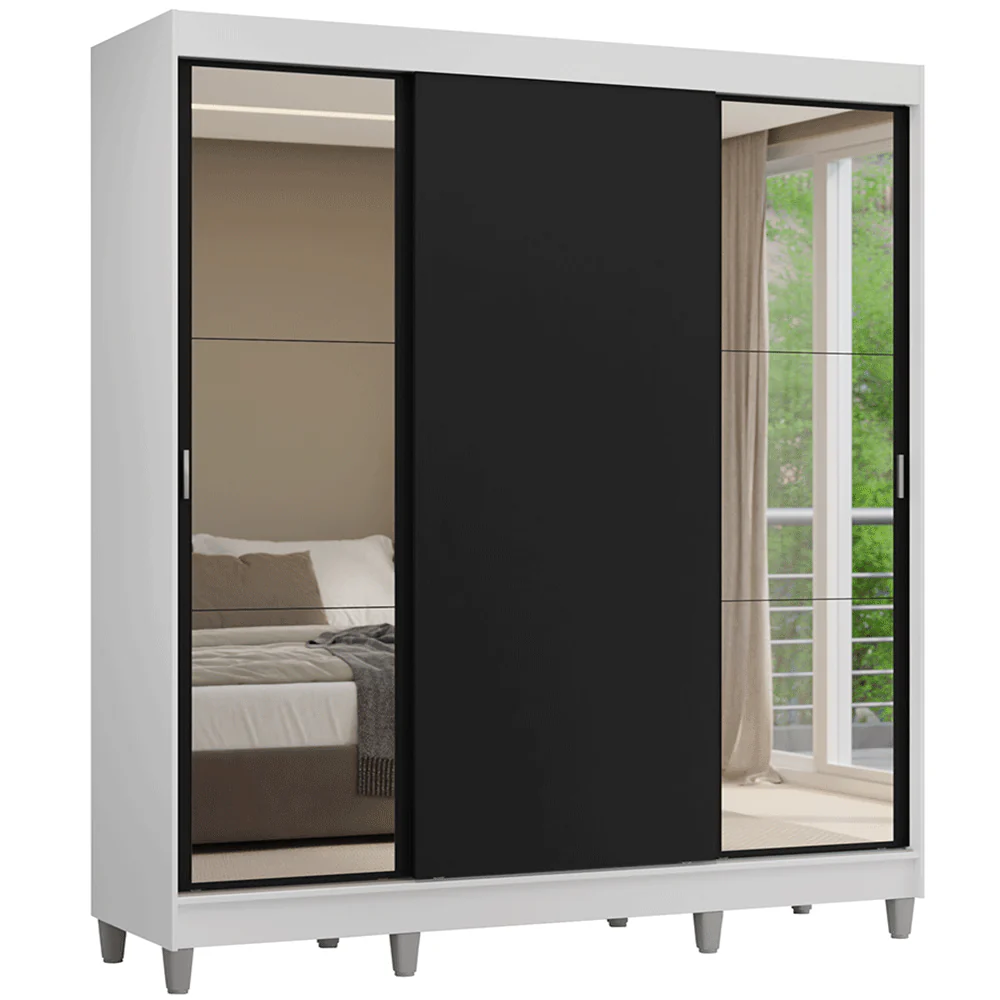 Guarda-Roupa Casal com Pés 3 Portas de Correr com Espelhos Branco/Preto Reno Madesa - Image 2