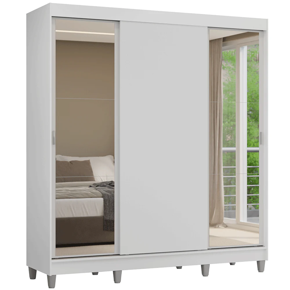Guarda-Roupa Casal com Pés 3 Portas de Correr com Espelhos Branco Reno Madesa - Image 2