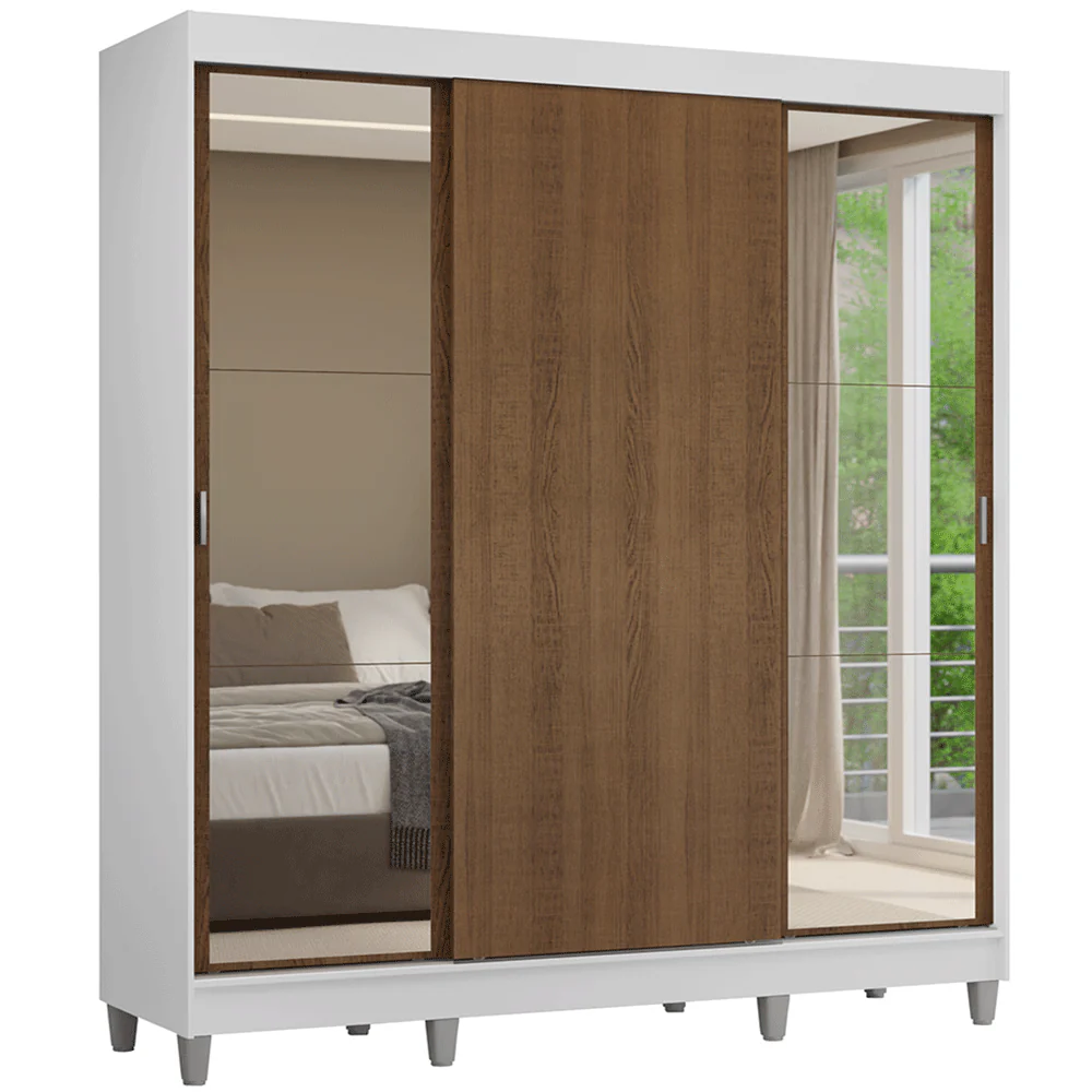 Guarda-Roupa Casal com Pés 3 Portas de Correr com Espelhos Branco/Rustic Reno Madesa - Image 2