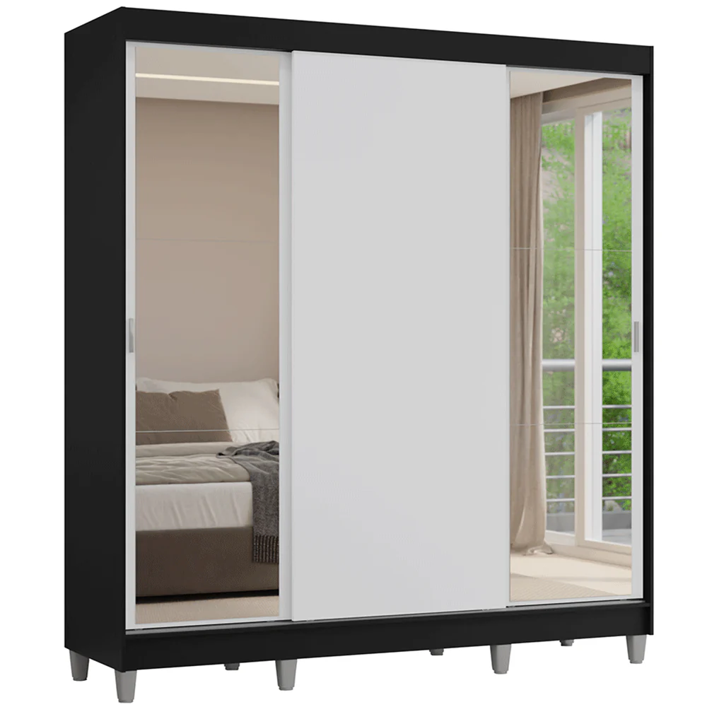 Guarda-Roupa Casal com Pés 3 Portas de Correr com Espelhos Preto/Branco Reno Madesa - Image 2