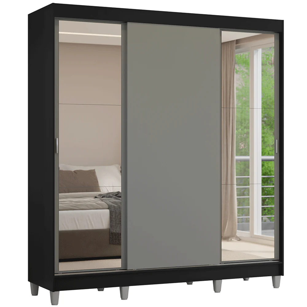 Guarda-Roupa Casal com Pés 3 Portas de Correr com Espelhos Preto/Cinza Reno Madesa - Image 2