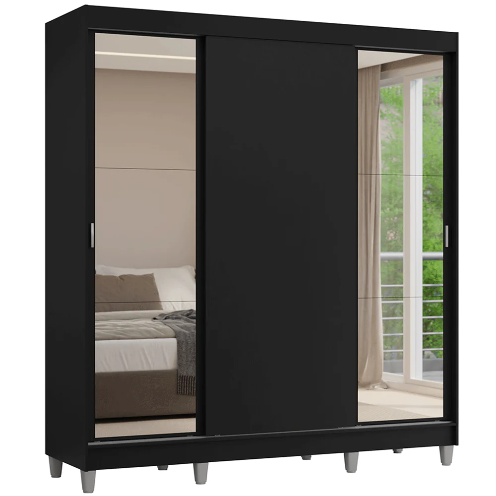 Guarda-Roupa Casal com Pés 3 Portas de Correr com Espelhos Preto Reno Madesa - Image 2