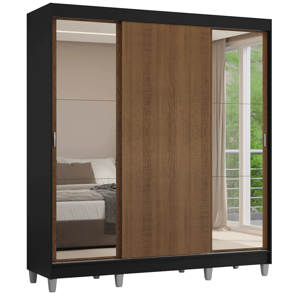 Guarda-Roupa Casal com Pés 3 Portas de Correr com Espelhos Preto/Rustic Reno Madesa - Image 2