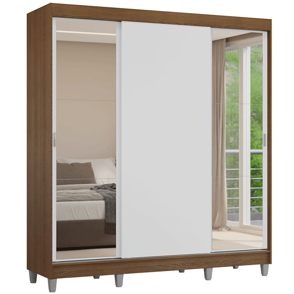 Guarda-Roupa Casal com Pés 3 Portas de Correr com Espelhos Rustic/Branco Reno Madesa - Image 2