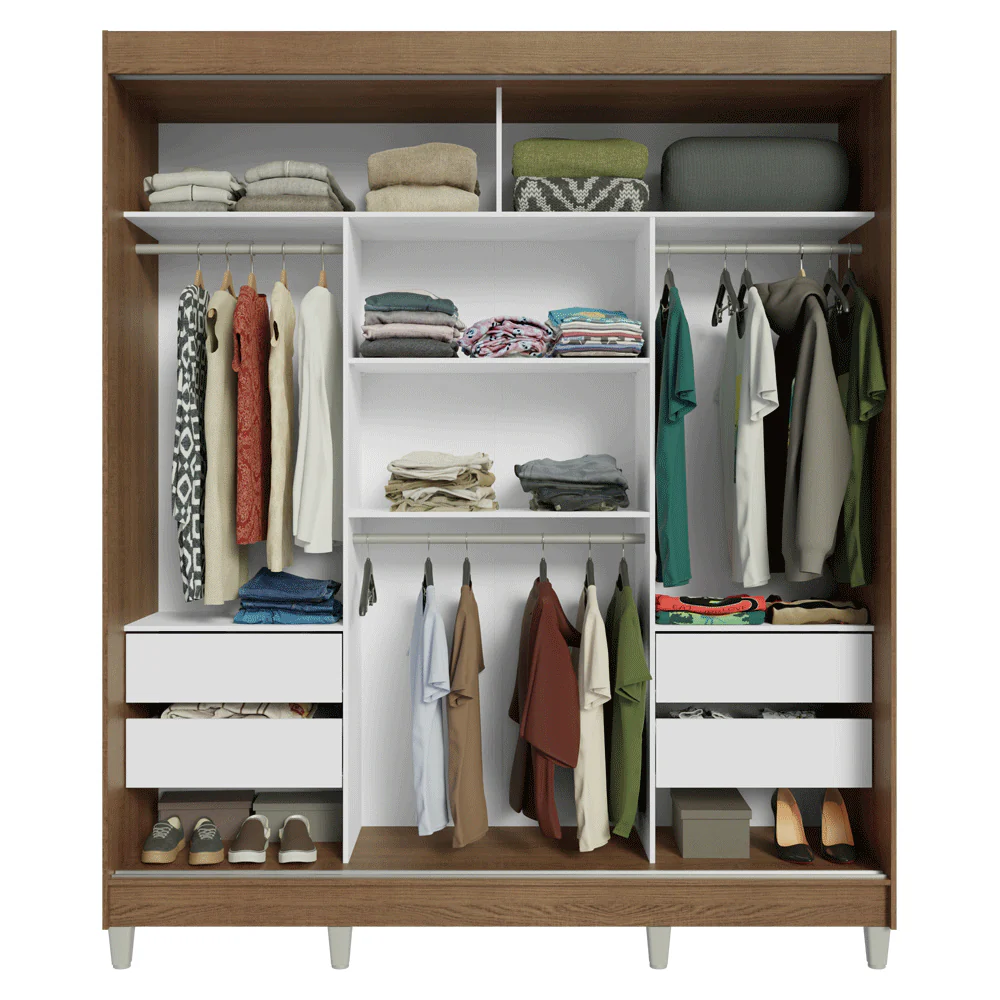Guarda-Roupa Casal com Pés 3 Portas de Correr com Espelhos Rustic/Branco Reno Madesa - Image 7
