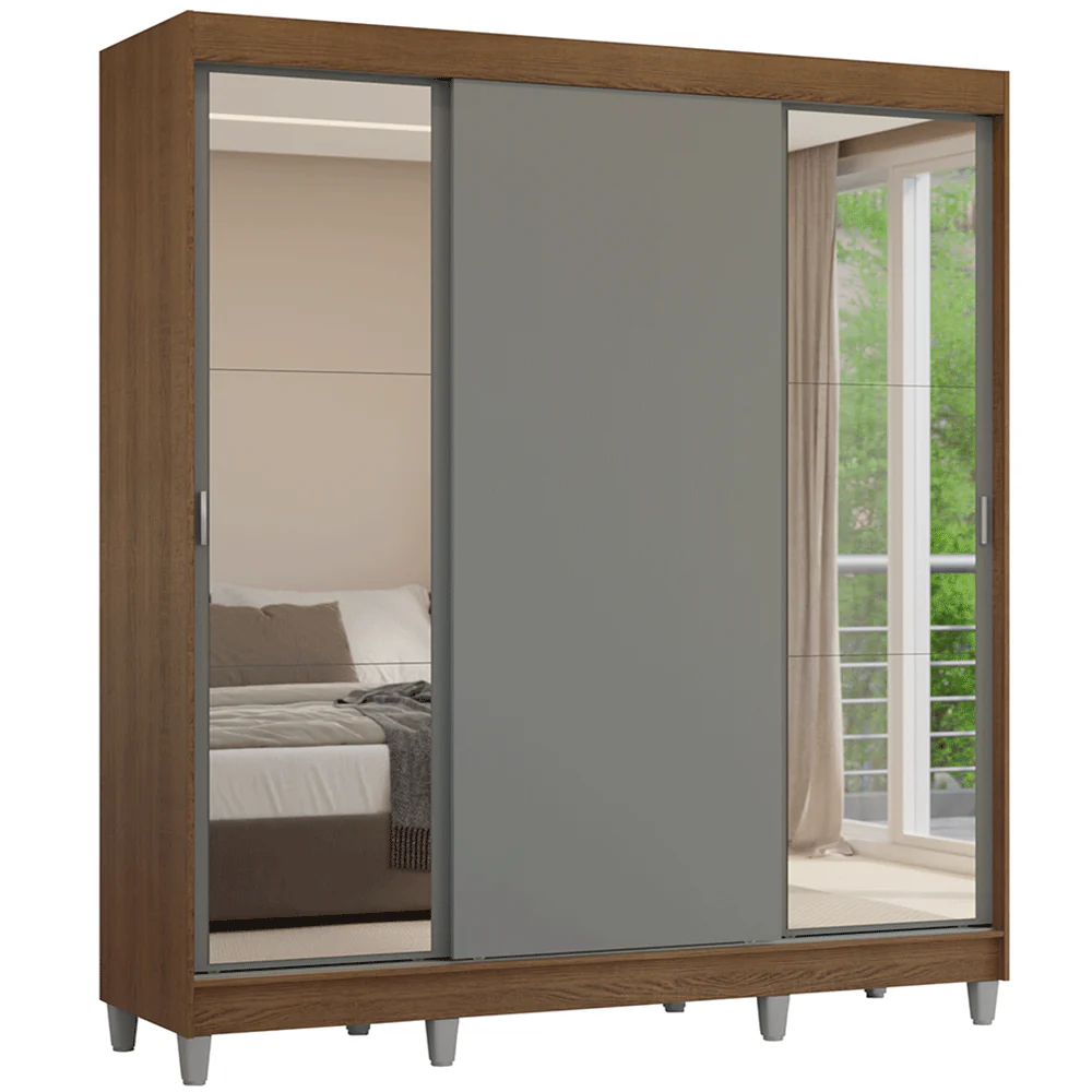 Guarda-Roupa Casal com Pés 3 Portas de Correr com Espelhos Rustic/Cinza Reno Madesa - Image 2