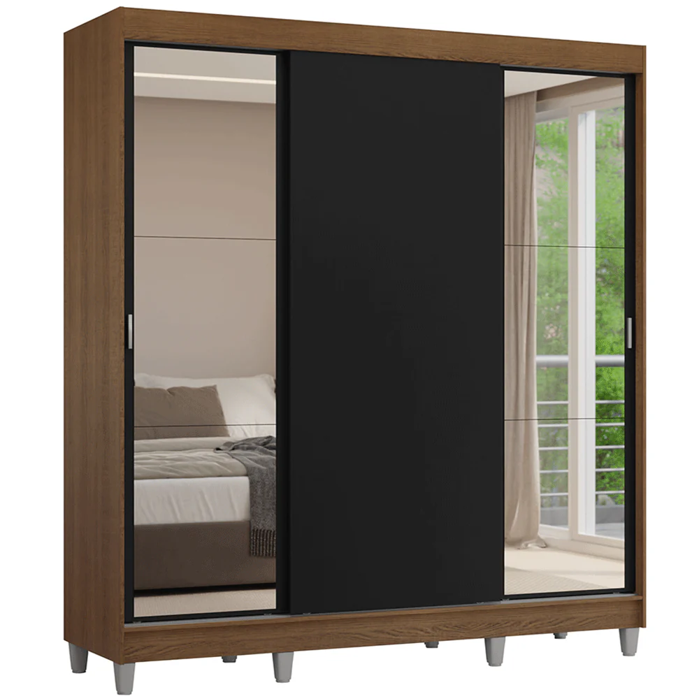 Guarda-Roupa Casal com Pés 3 Portas de Correr com Espelhos Rustic/Preto Reno Madesa - Image 2