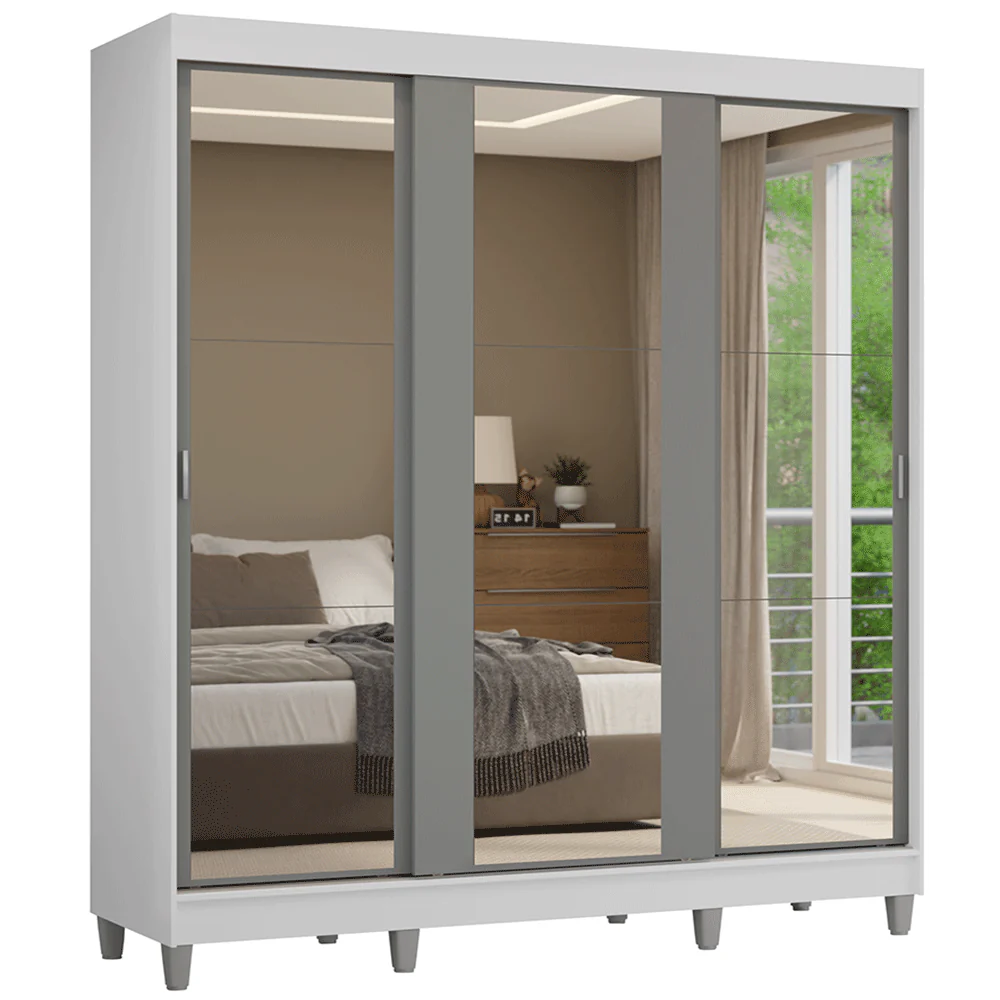 Guarda-Roupa Casal com Pés 3 Portas de Correr de Espelho Branco/Cinza Reno Madesa - Image 2