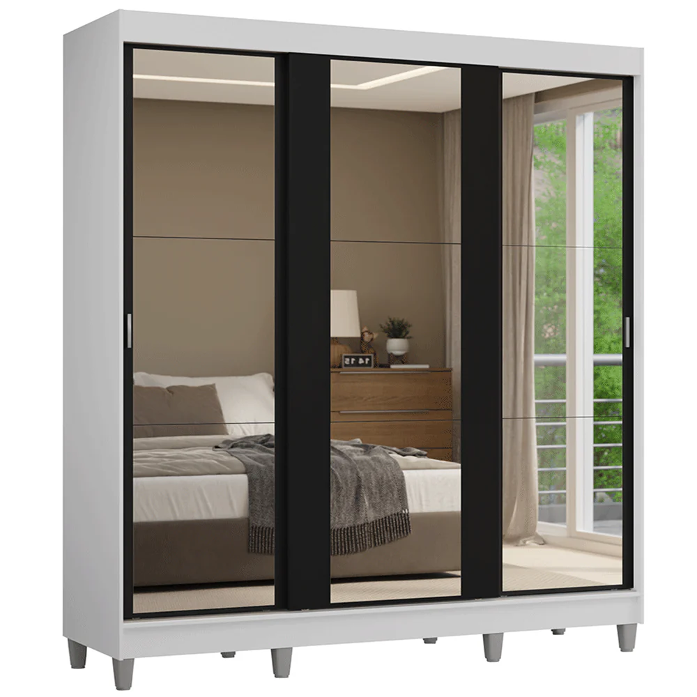 Guarda-Roupa Casal com Pés 3 Portas de Correr de Espelho Branco/Preto Reno Madesa - Image 2