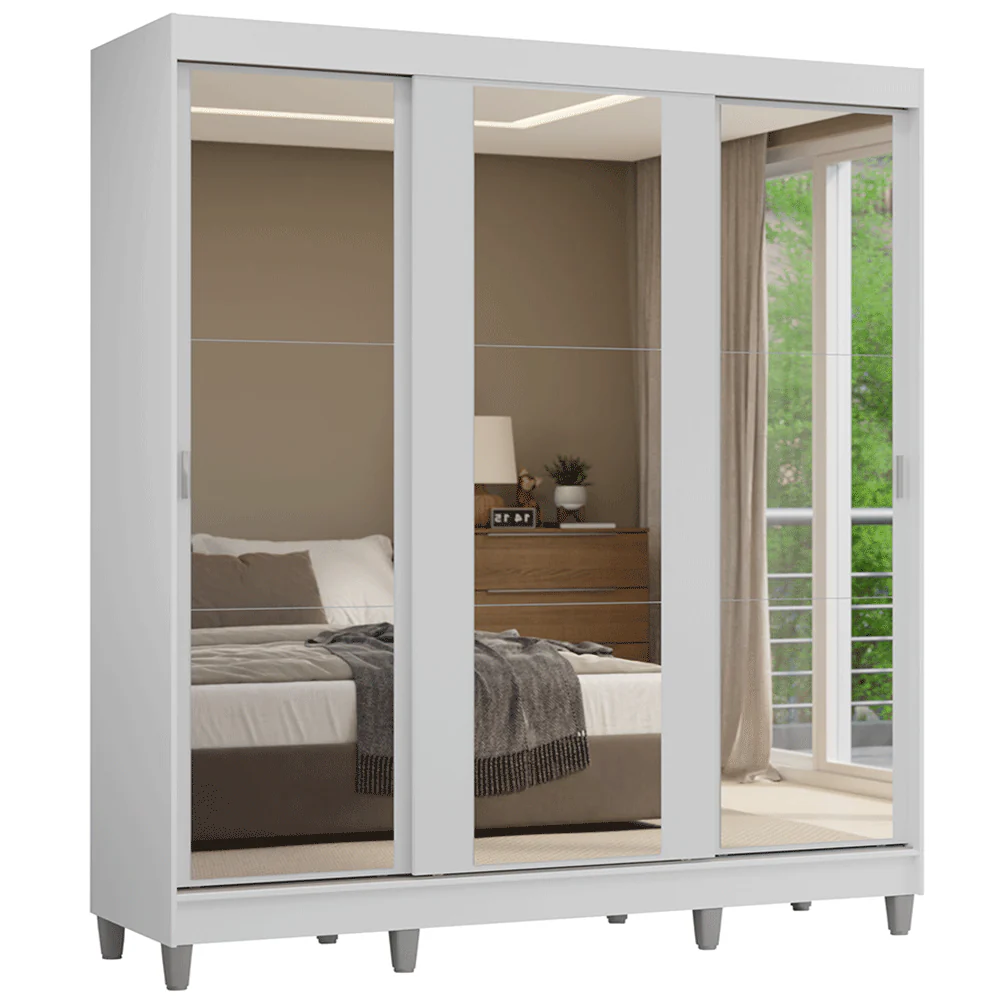 Guarda-Roupa Casal com Pés 3 Portas de Correr de Espelho Branco Reno Madesa - Image 2