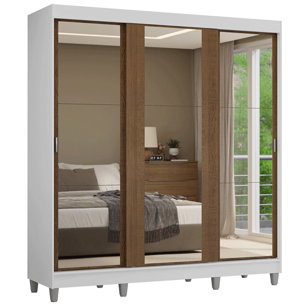 Guarda-Roupa Casal com Pés 3 Portas de Correr de Espelho Branco/Rustic Reno Madesa - Image 2