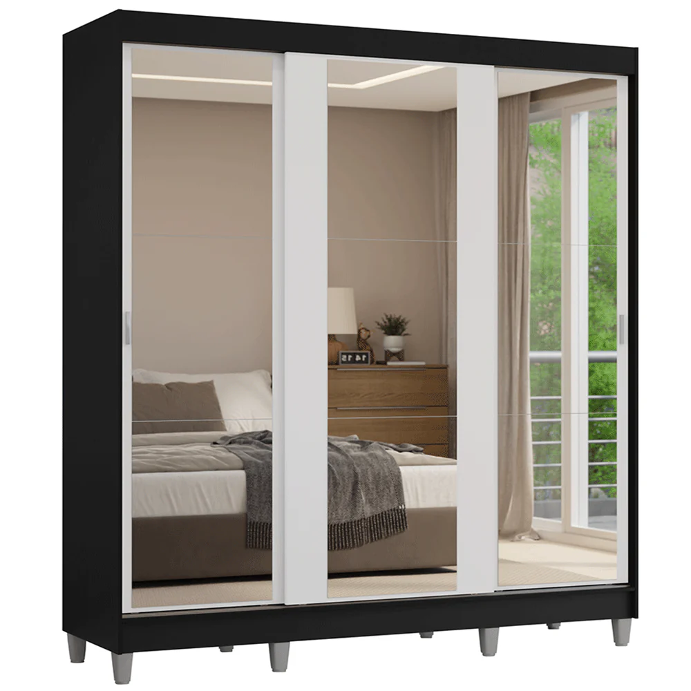 Guarda-Roupa Casal com Pés 3 Portas de Correr de Espelho Preto/Branco Reno Madesa - Image 2