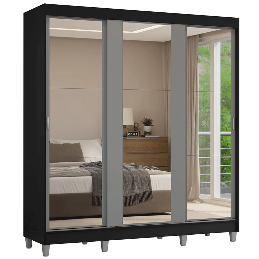 Guarda-Roupa Casal com Pés 3 Portas de Correr de Espelho Preto/Cinza Reno Madesa - Image 2