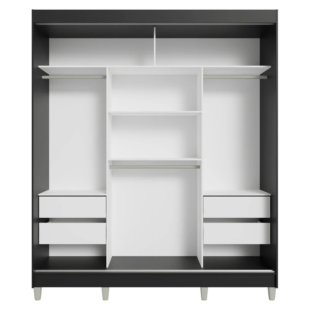 Guarda-Roupa Casal com Pés 3 Portas de Correr de Espelho Preto/Cinza Reno Madesa - Image 8