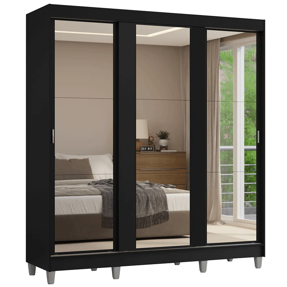 Guarda-Roupa Casal com Pés 3 Portas de Correr de Espelho Preto Reno Madesa - Image 2