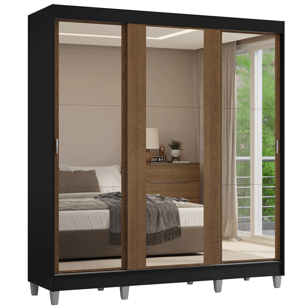Guarda-Roupa Casal com Pés 3 Portas de Correr de Espelho Preto/Rustic Reno Madesa - Image 2