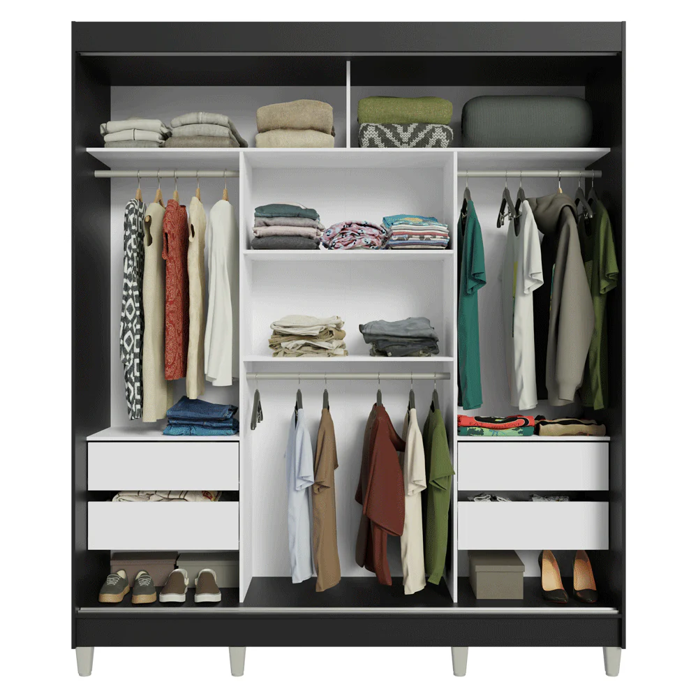 Guarda-Roupa Casal com Pés 3 Portas de Correr de Espelho Preto/Rustic Reno Madesa - Image 7