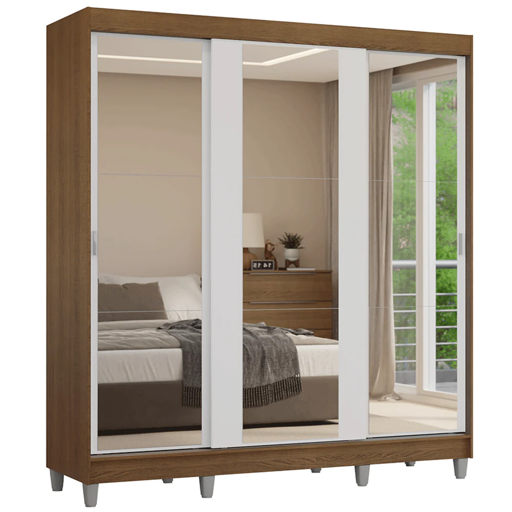 Guarda-Roupa Casal com Pés 3 Portas de Correr de Espelho Rustic/Branco Reno Madesa - Image 2